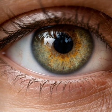 A tight macro of a single human eye, iris fibre detail visible in soft warm light.