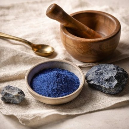 A small ceramic dish of indigo pigment beside a wooden mortar and pestle and raw stones on a cream linen surface.
