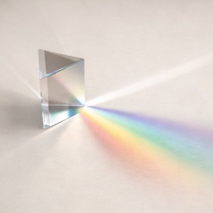 A glass triangular prism on a cream surface refracting white light into a rainbow band.