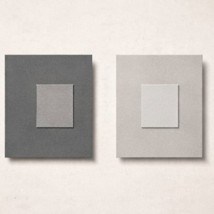 Two identical mid-grey paper square chips placed on contrasting backgrounds, demonstrating the same-swatch-looks-different illusion.