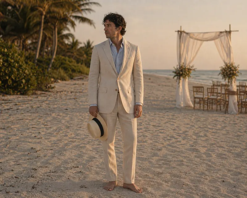 Beach formal (as one representative of the occasion-specific codes): cream linen single-breasted suit, pale blue linen shirt open at the neck, Panama hat held in hand, barefoot on sand, destination-wedding canopy behind.