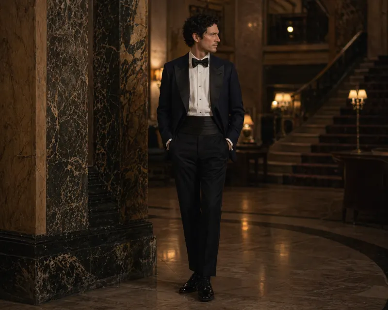 Black tie: midnight-blue dinner jacket with peak lapels, pleated white dress shirt, black silk bow tie, satin-braid trousers, patent Oxfords, marble lobby interior.
