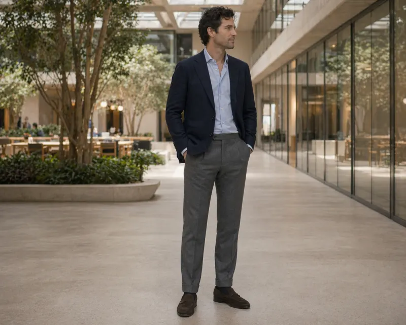 Business casual: unstructured navy blazer worn as odd jacket, pale blue shirt open at the neck, mid-grey wool trousers, brown suede loafers, modern office atrium.