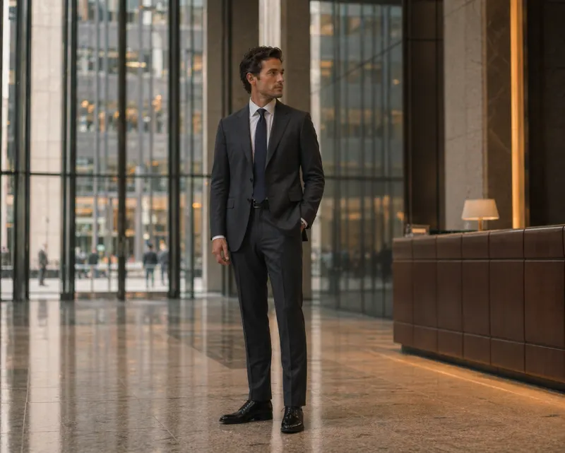 Business formal: charcoal worsted two-piece suit with notch lapels, white shirt, navy silk tie, black calf Oxfords, corporate lobby.