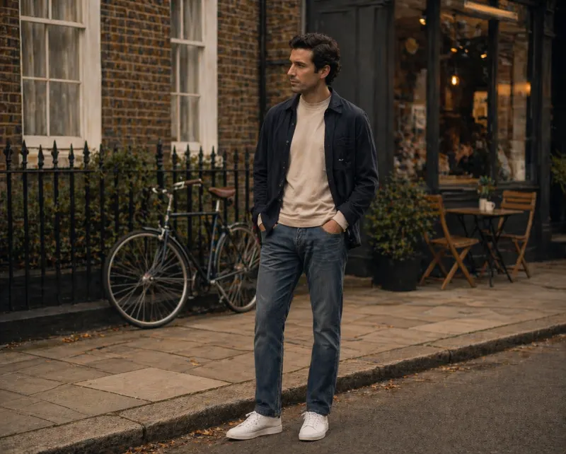Casual: mid-wash straight-leg jeans, oatmeal crewneck, navy overshirt worn open, white minimalist trainers, brick terrace with a bicycle and a quiet café.