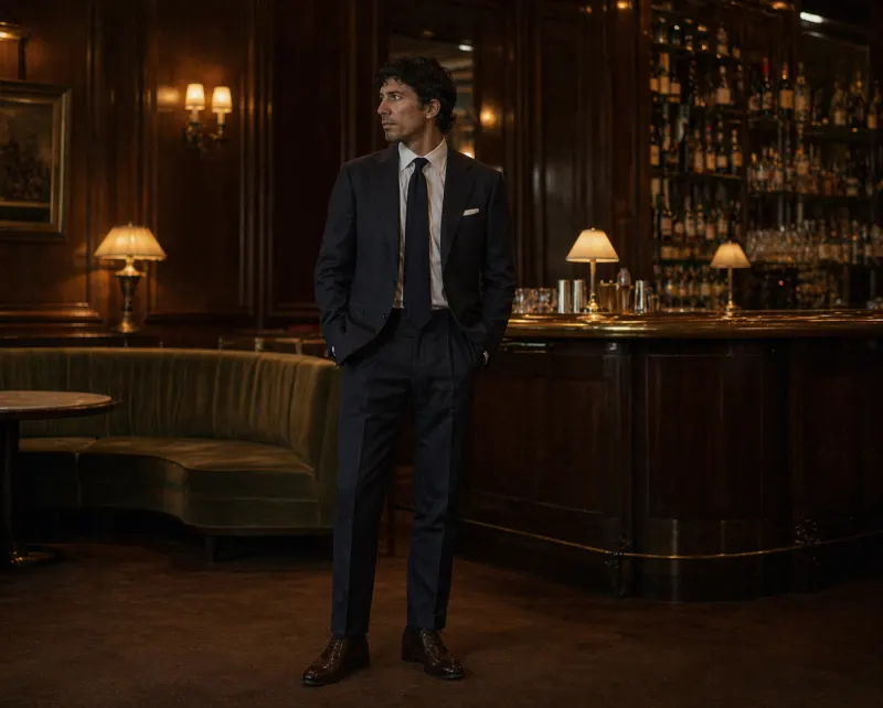 Cocktail: dark navy worsted two-piece suit, white shirt, sober navy silk tie, dark burgundy Oxfords, hotel-bar interior with dark wood and brass fittings.