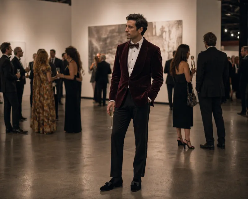 Creative black tie: burgundy velvet dinner jacket with shawl collar, patterned bow tie, black formal trousers, gallery opening behind.