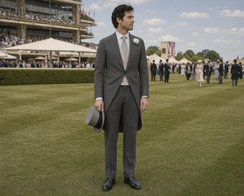 Morning dress: Oxford grey morning coat with curved tails, buff waistcoat, grey-and-black striped trousers, wing or turndown collar, grey top hat in hand, Ascot grandstand behind.