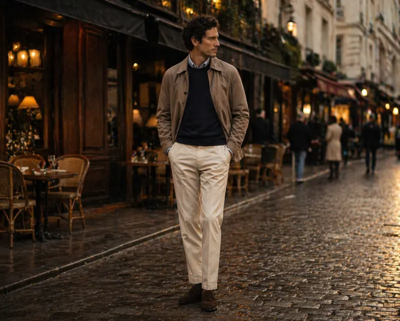 Smart casual: taupe cotton overshirt-jacket, navy merino crewneck over pale blue shirt, stone chinos, dark brown suede loafers, cobbled restaurant street at dusk.