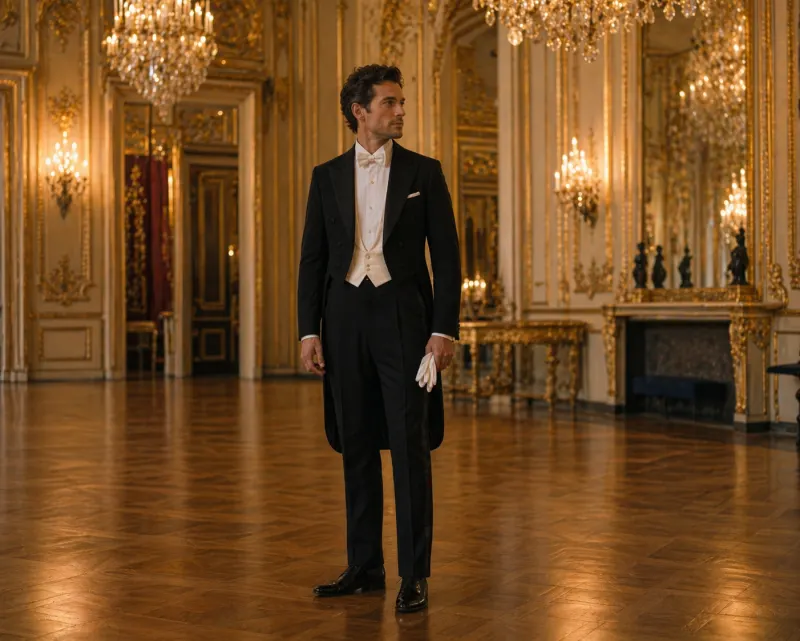 White tie: black tailcoat, white piqué waistcoat and bow tie, wing collar, black satin-stripe trousers, patent Oxfords, grand ballroom interior.