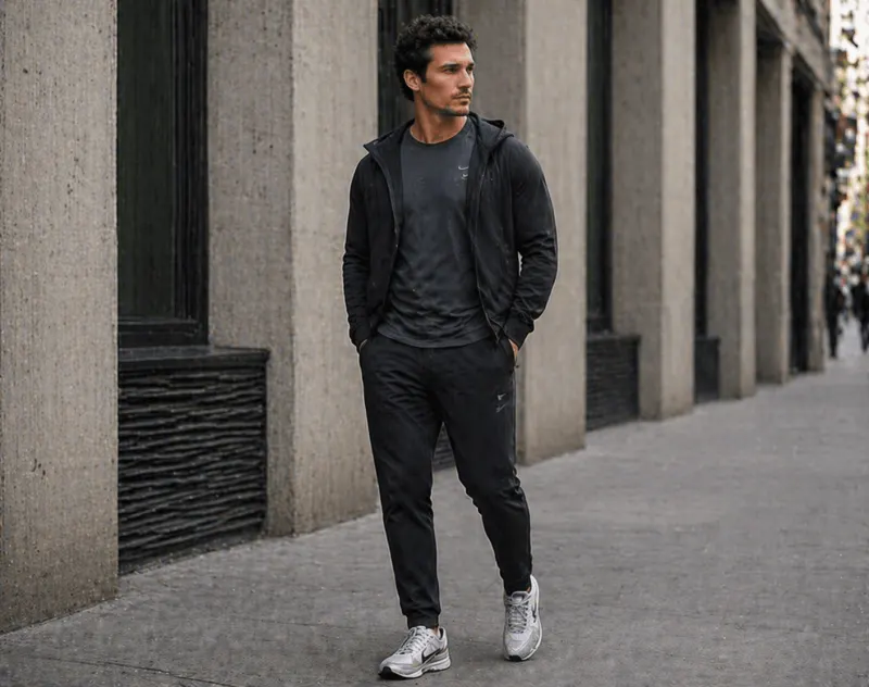 Athleisure: technical zip-up hoodie, joggers, running shoes.