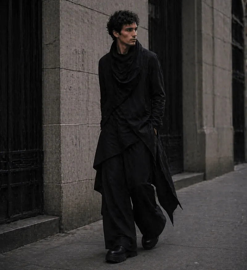Avant-garde: draped black layers, wide-leg trousers, chunky black shoes.