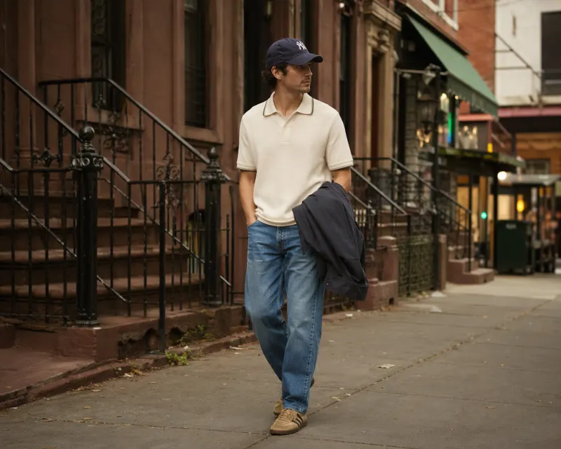 Brooklyn creative: cream piqué polo, mid-wash straight-leg jeans, tan suede Sambas, faded Yankees cap, overshirt over arm.