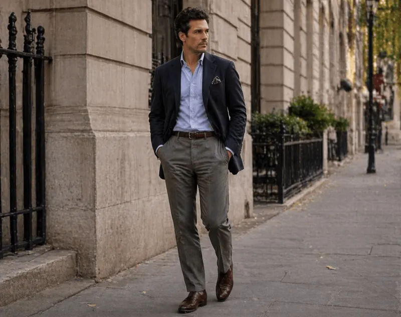 Business casual: navy blazer, blue shirt, grey trousers, brown loafers.