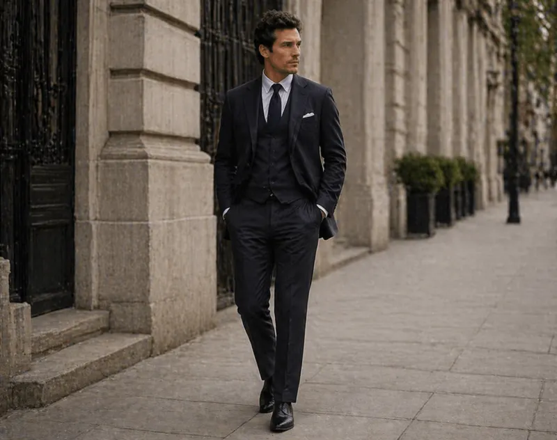 Business formal: black suit, white shirt, sober tie, black Oxfords.