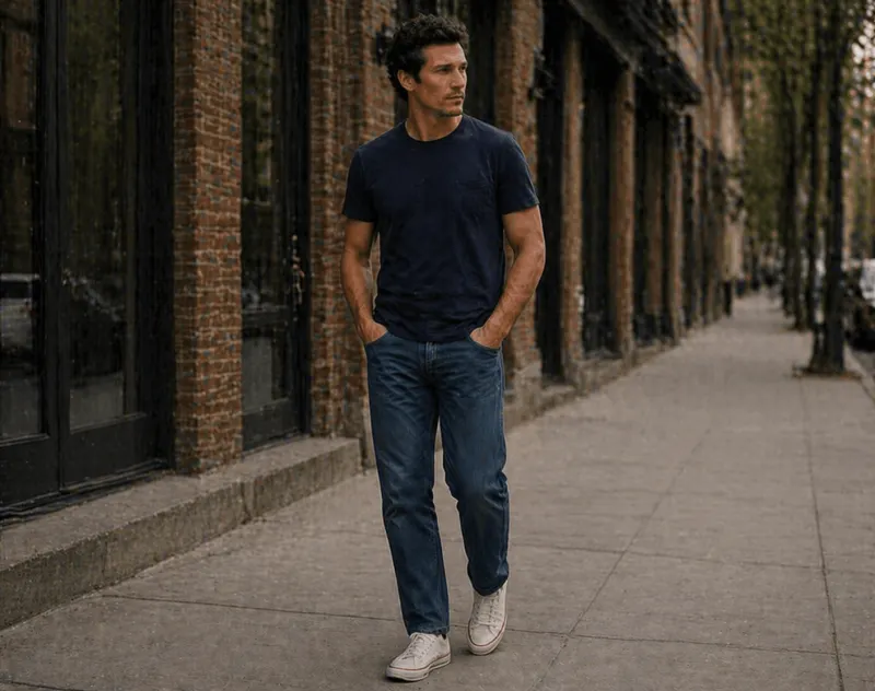 Casual: navy t-shirt, dark jeans, white low-top sneakers.