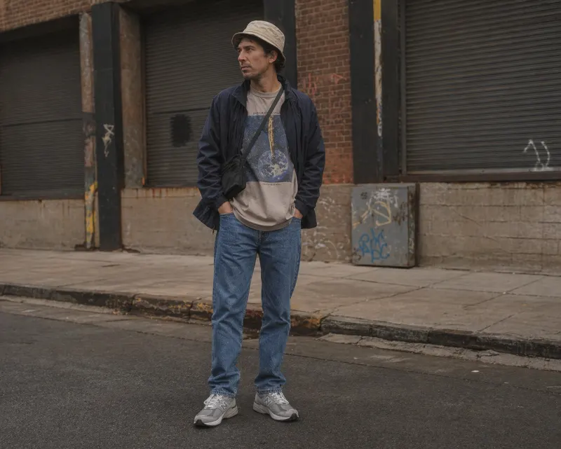 Dadcore: chunky grey New Balance 990s, straight-leg mid-blue jeans, faded graphic tee, boxy navy zip-up, beige bucket hat, crossbody bag.