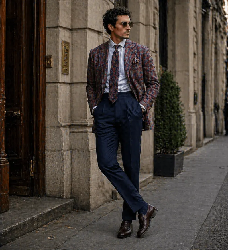 Dandy: bold patterned jacket, white shirt, tie, dark trousers.