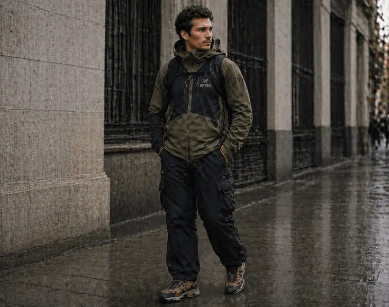 Gorpcore: olive shell jacket, technical backpack, cargo pants, hiking boots.