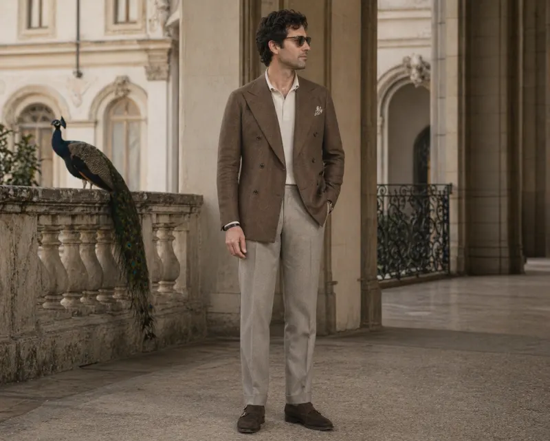 Italian Pitti register: tobacco double-breasted unstructured sport coat, cream fine-gauge knit polo, greige trousers, brown suede double-monks.