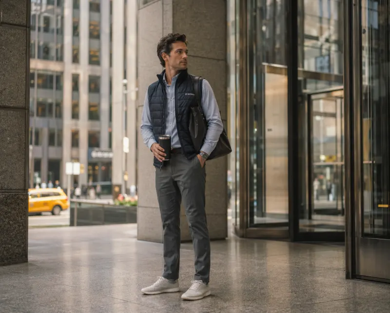 Midtown Uniform: navy Patagonia vest, pale blue Oxford button-down, grey chinos, white Allbirds.