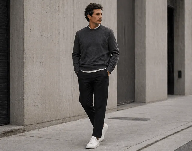 Minimalist: grey crewneck over white tee, black trousers, white sneakers.