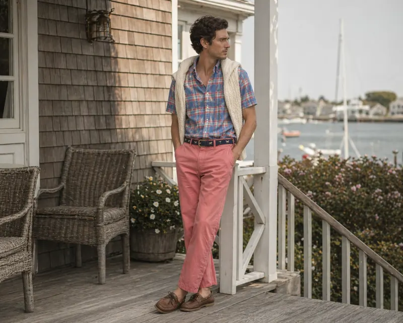 Old-money summer: faded Nantucket Reds trousers, madras short-sleeve shirt, brown Sperry Top-Siders, woven whale belt, porch and harbour beyond.