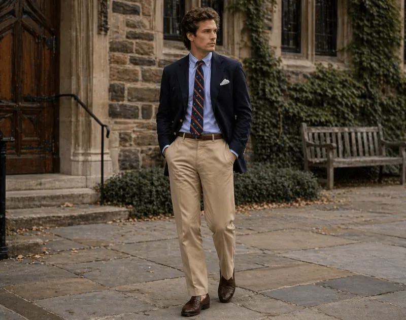 Preppy / Ivy: navy blazer, Oxford shirt, repp-stripe tie, khaki chinos.