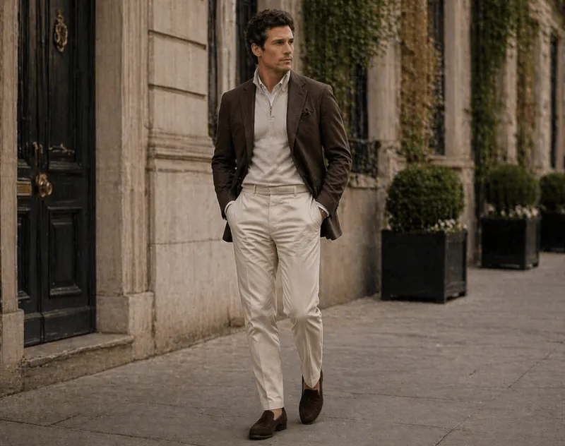 Quiet luxury: brown jacket, cream knit polo, cream trousers, suede loafers.