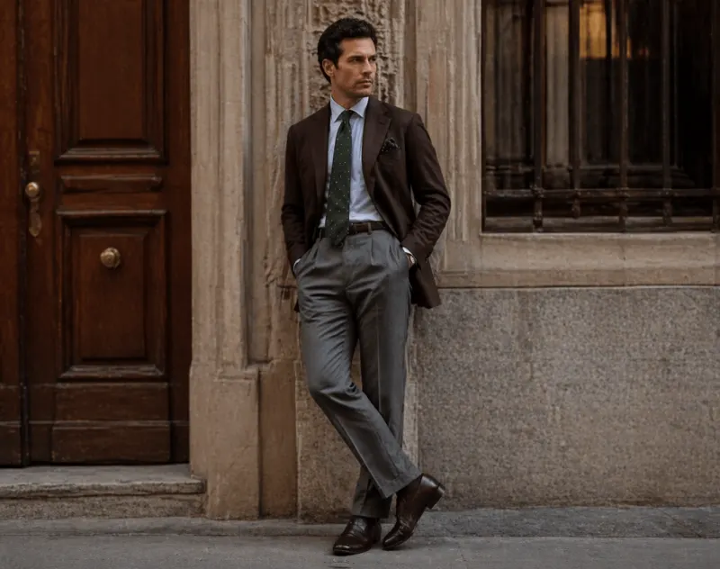 Classic sartorial: brown jacket, grey flannels, green tie, leather shoes.