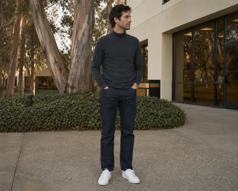 Silicon Valley startup casual: charcoal mock-turtleneck, dark jeans, white Common Projects low-tops.