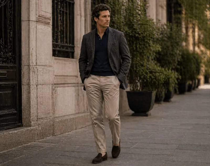 Smart casual: unstructured blazer, navy polo, cream chinos, suede loafers.