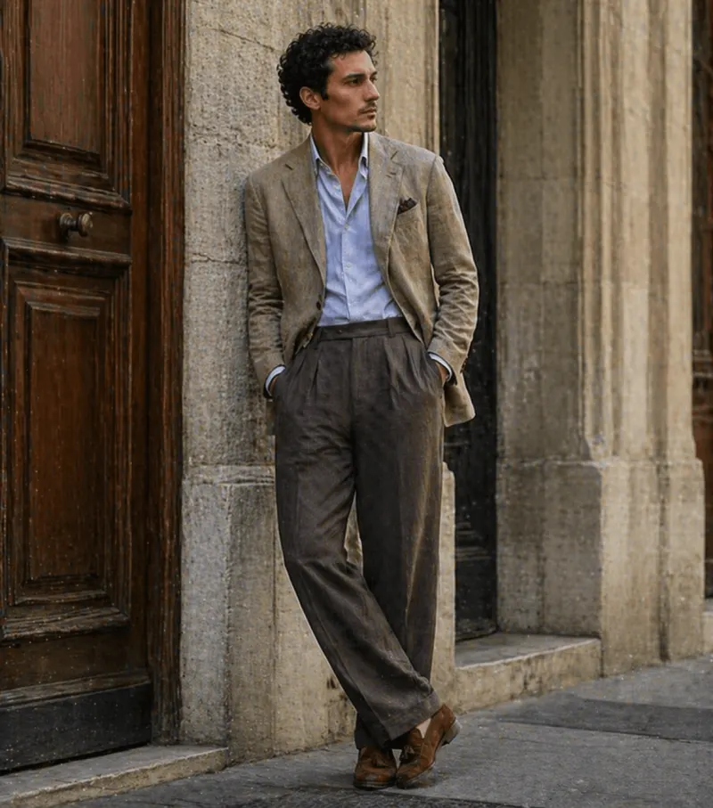 Soft tailoring: oatmeal unstructured jacket, open blue shirt, wide pleated brown trousers, suede loafers.