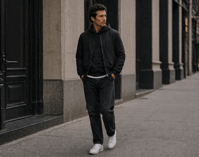 Street casual: black bomber, black trousers, white sneakers.