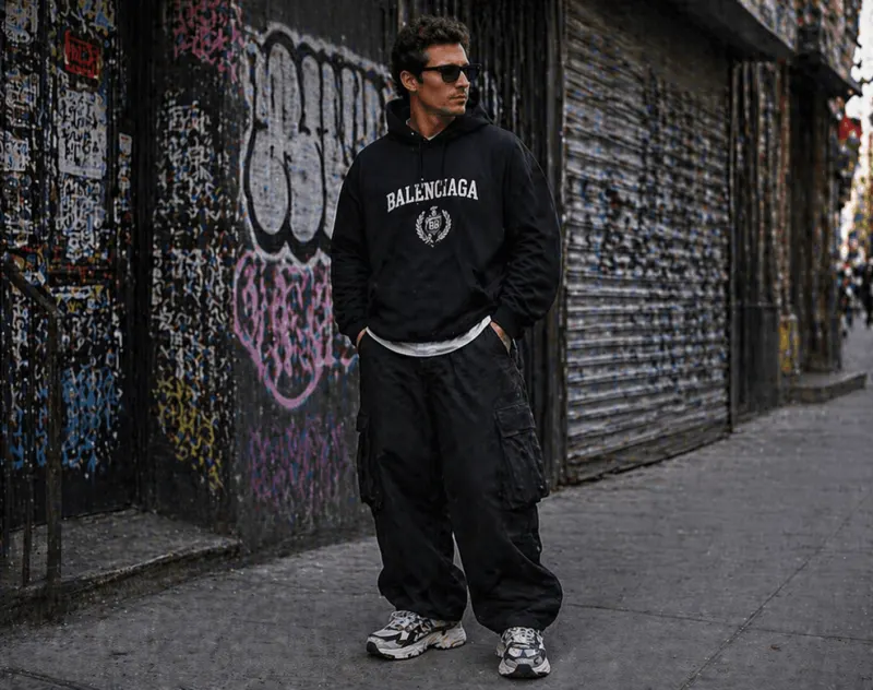 Streetwear: graphic logo hoodie, wide cargo pants, chunky sneakers.