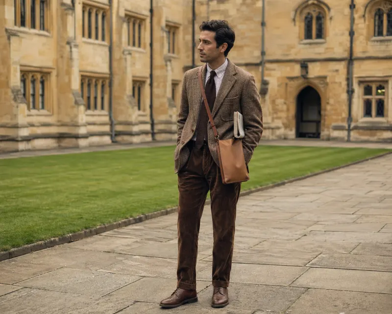 Tweed academic: brown Harris Tweed sport coat with elbow patches, knit tie, brown corduroy trousers, brogues, leather satchel.