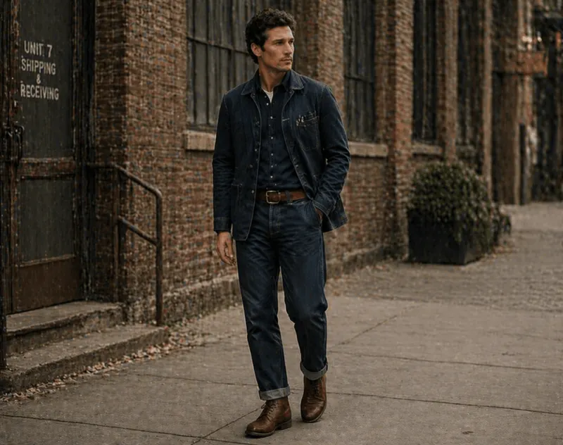Workwear: denim chore coat, denim shirt, dark jeans, brown boots.