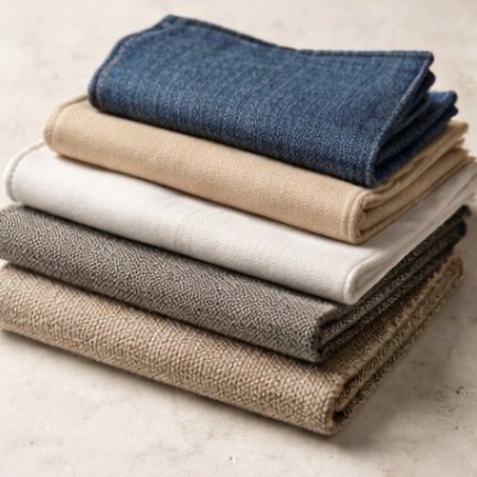 A stack of folded fabric swatches — indigo denim, beige twill, white oxford, grey flannel, beige tweed.