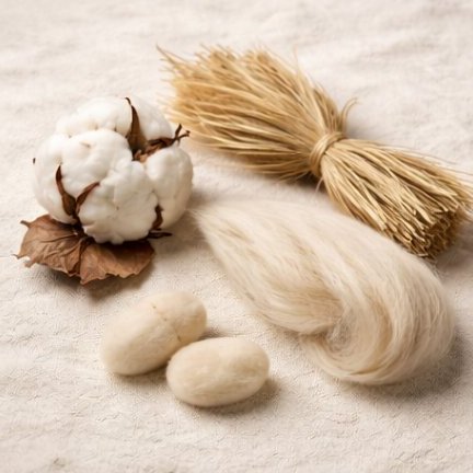 A still-life of raw fibres on cream linen — cotton boll, flax straw, raw wool, and silk cocoons.