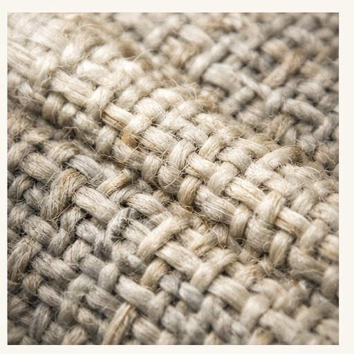 Macro of a coarse linen-coloured woven fabric.