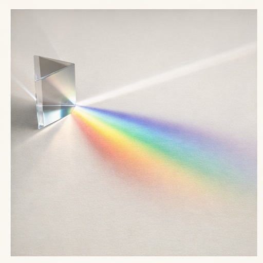 A glass prism refracting white light into a soft rainbow on a cream surface.