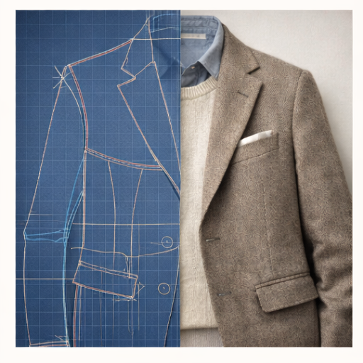 A blazer split between a blueprint sketch and the finished garment.