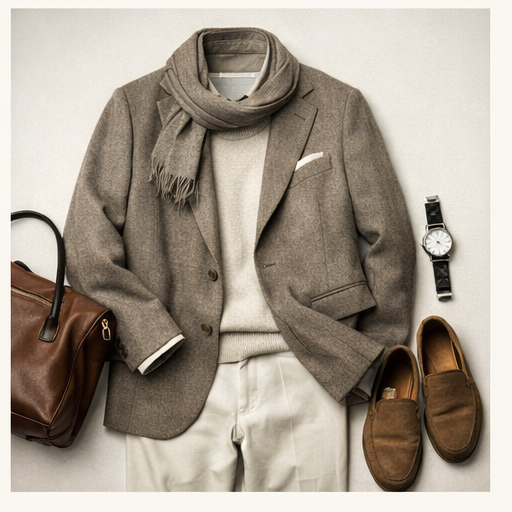 Flat-lay of a smart-casual outfit — blazer, scarf, trousers, watch, leather bag, suede loafers.