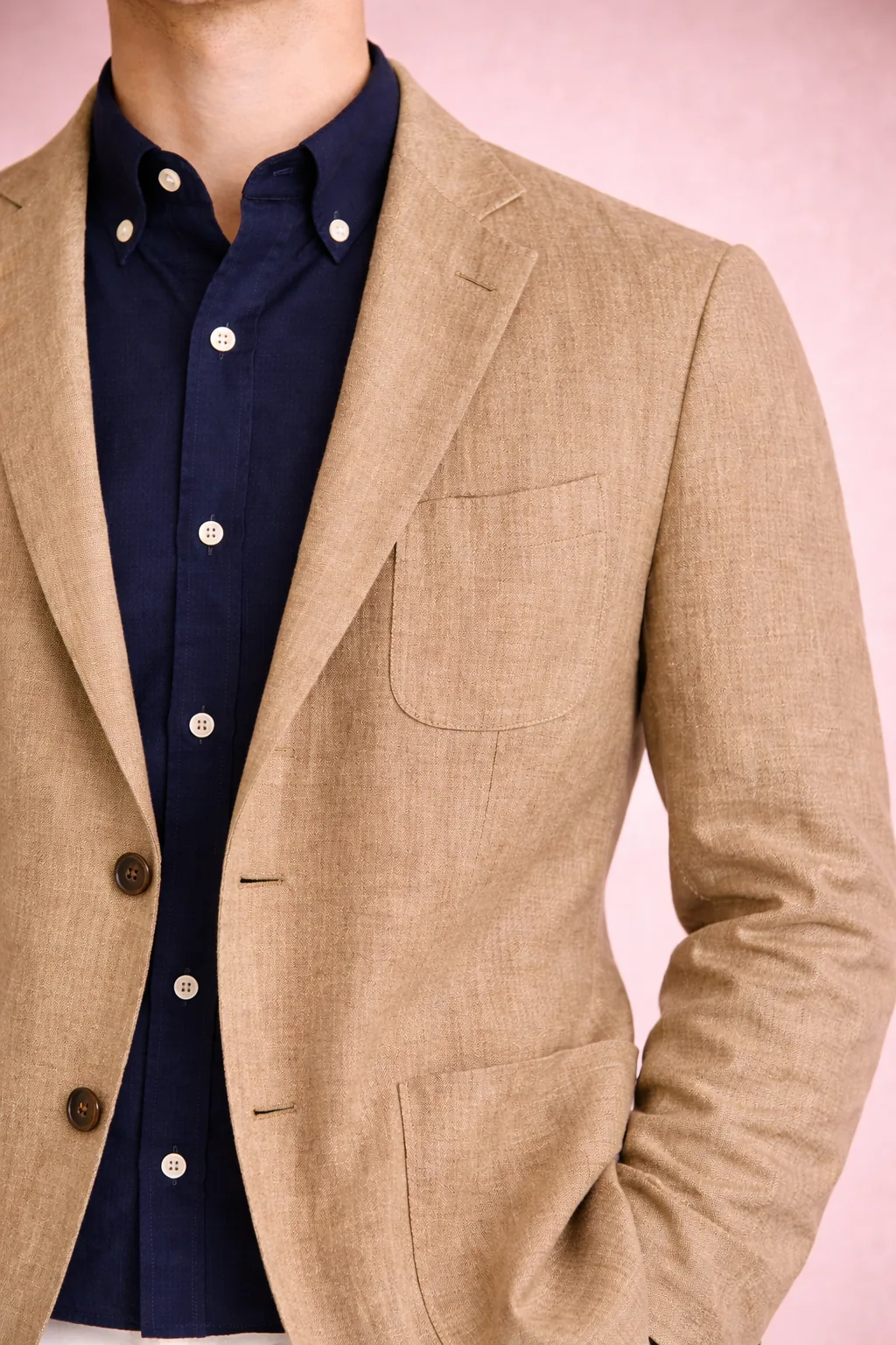 Camel blazer with navy Oxford shirt