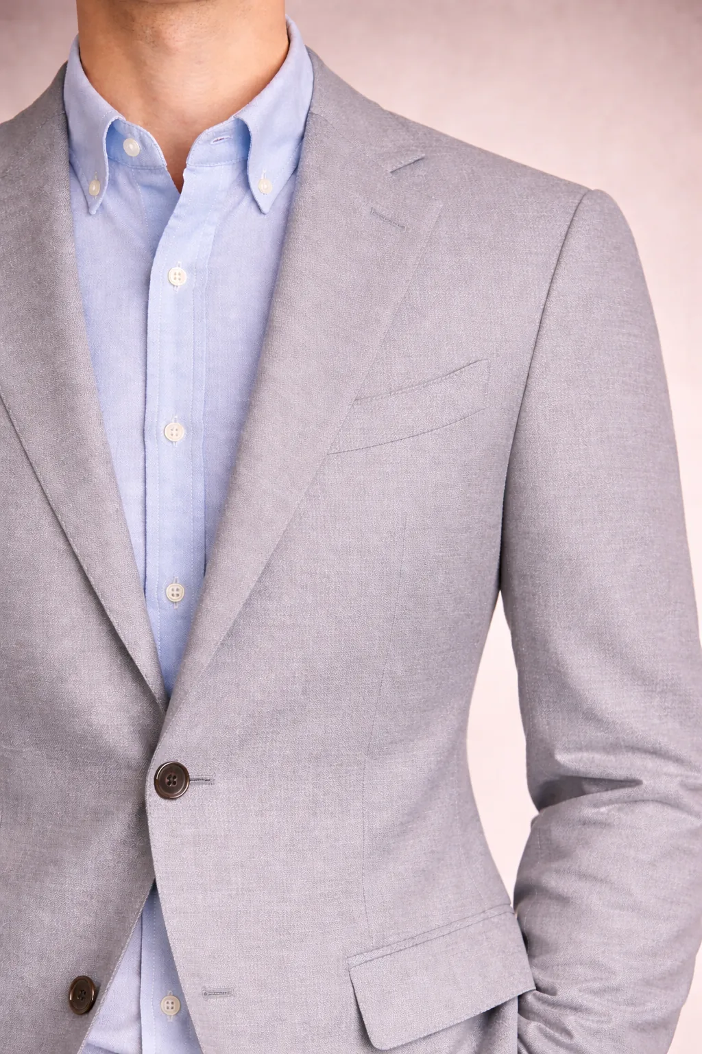 Light grey blazer with light blue Oxford shirt