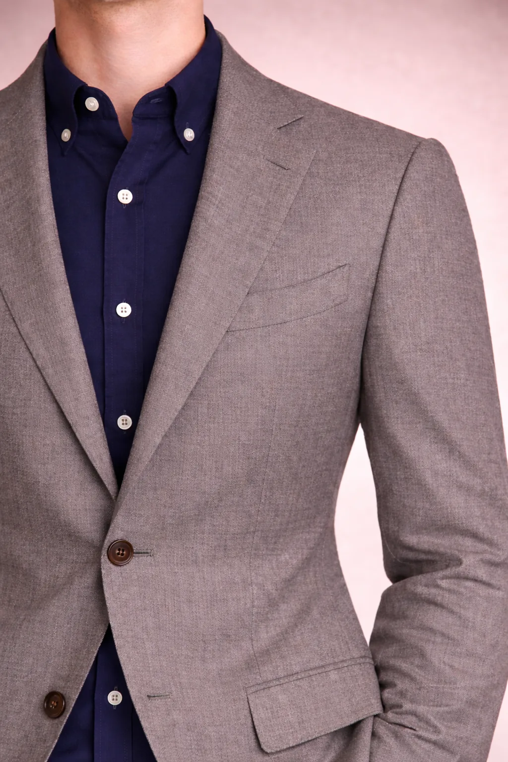 Mid grey blazer with navy Oxford shirt