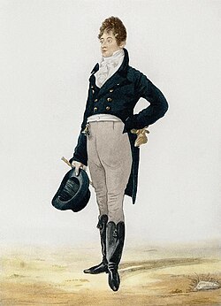 Beau Brummell in subdued white, black, navy blue, and buff