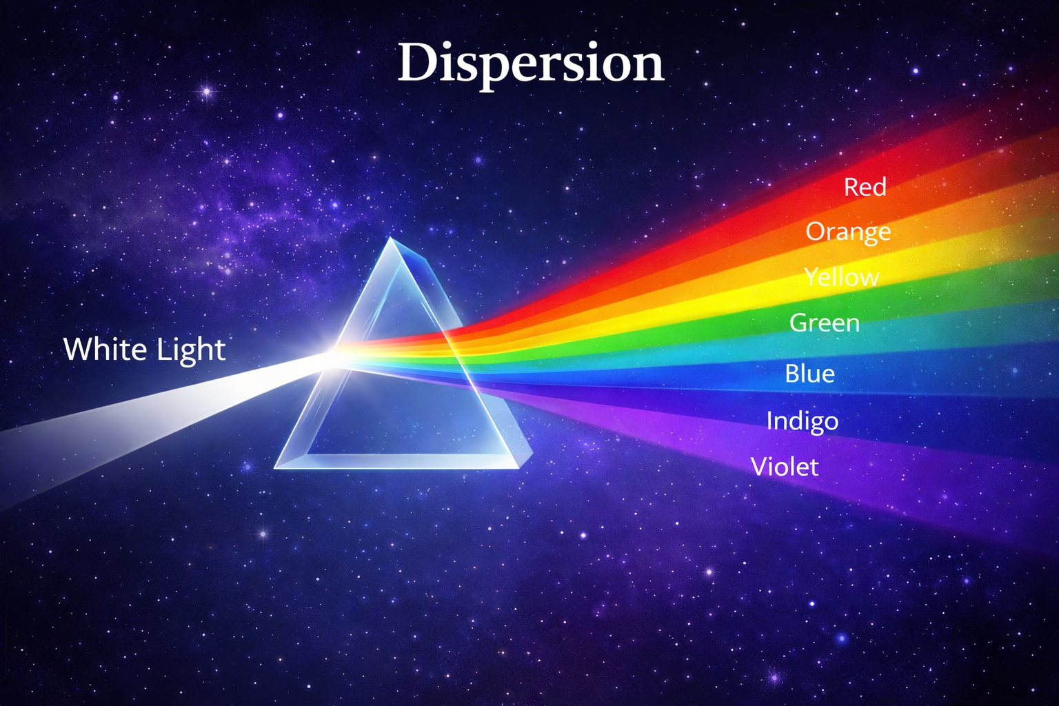Dispersion — white light splits into red, orange, yellow, green, blue, indigo, violet through a prism
