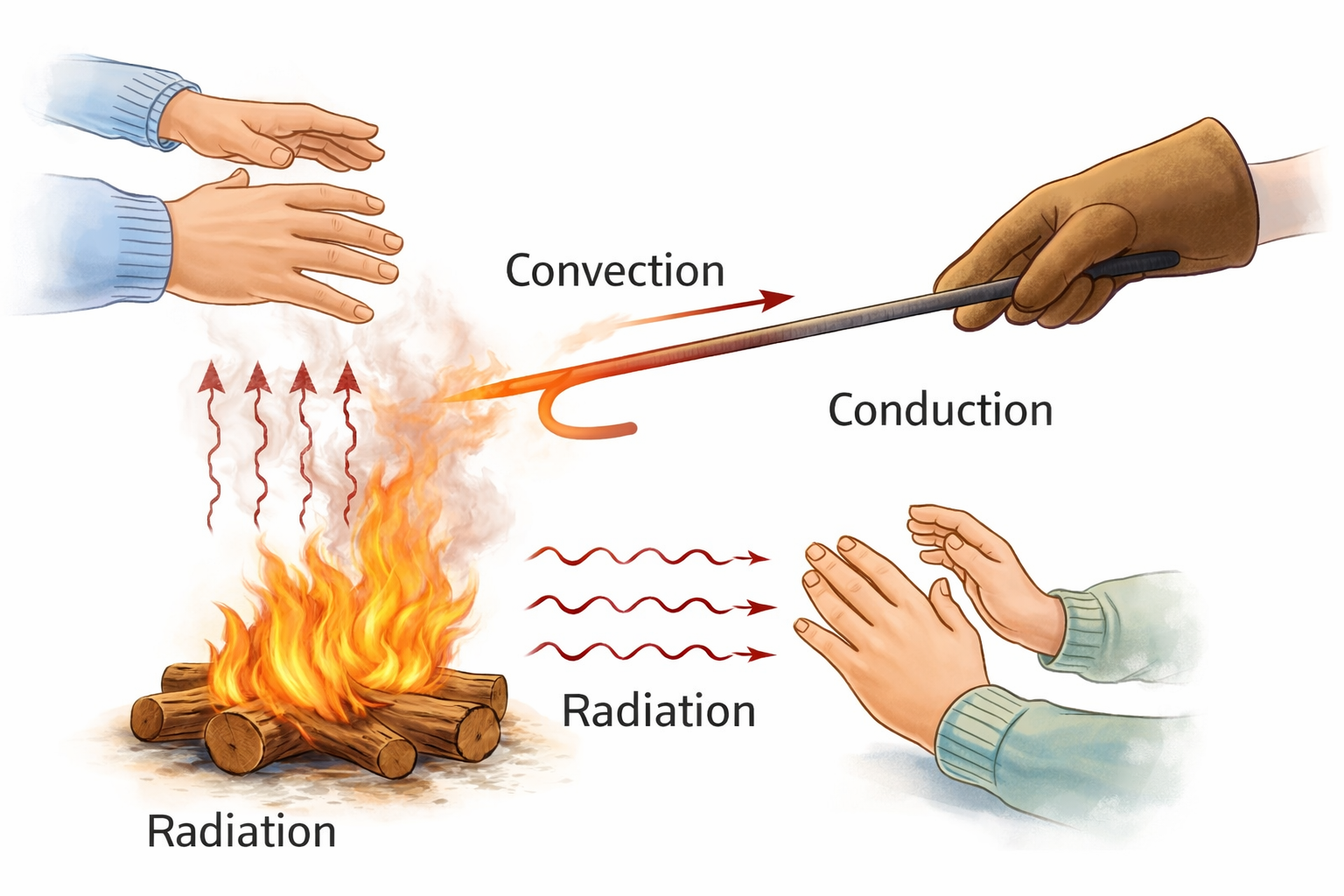 Heat transfer methods illustrated with a campfire