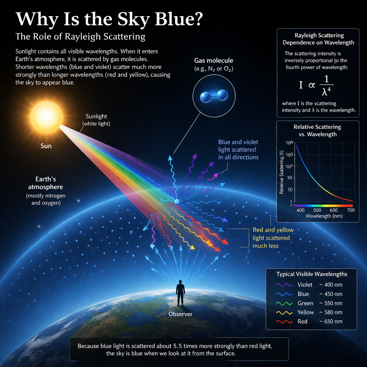 Why is the sky blue — Rayleigh scattering infographic